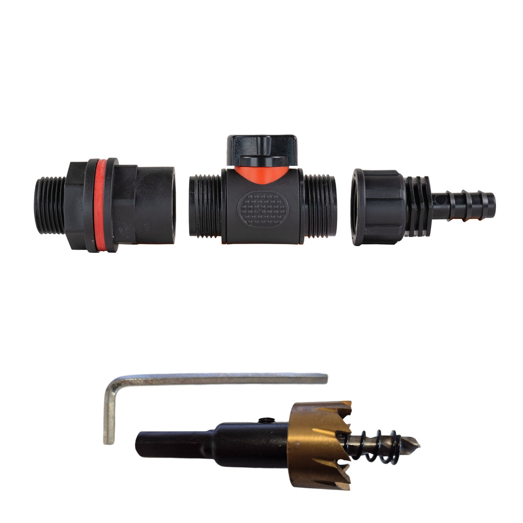 Water Butt Kit 3/4in with In-Line Valve + 1/2in Barb and Drill Bit